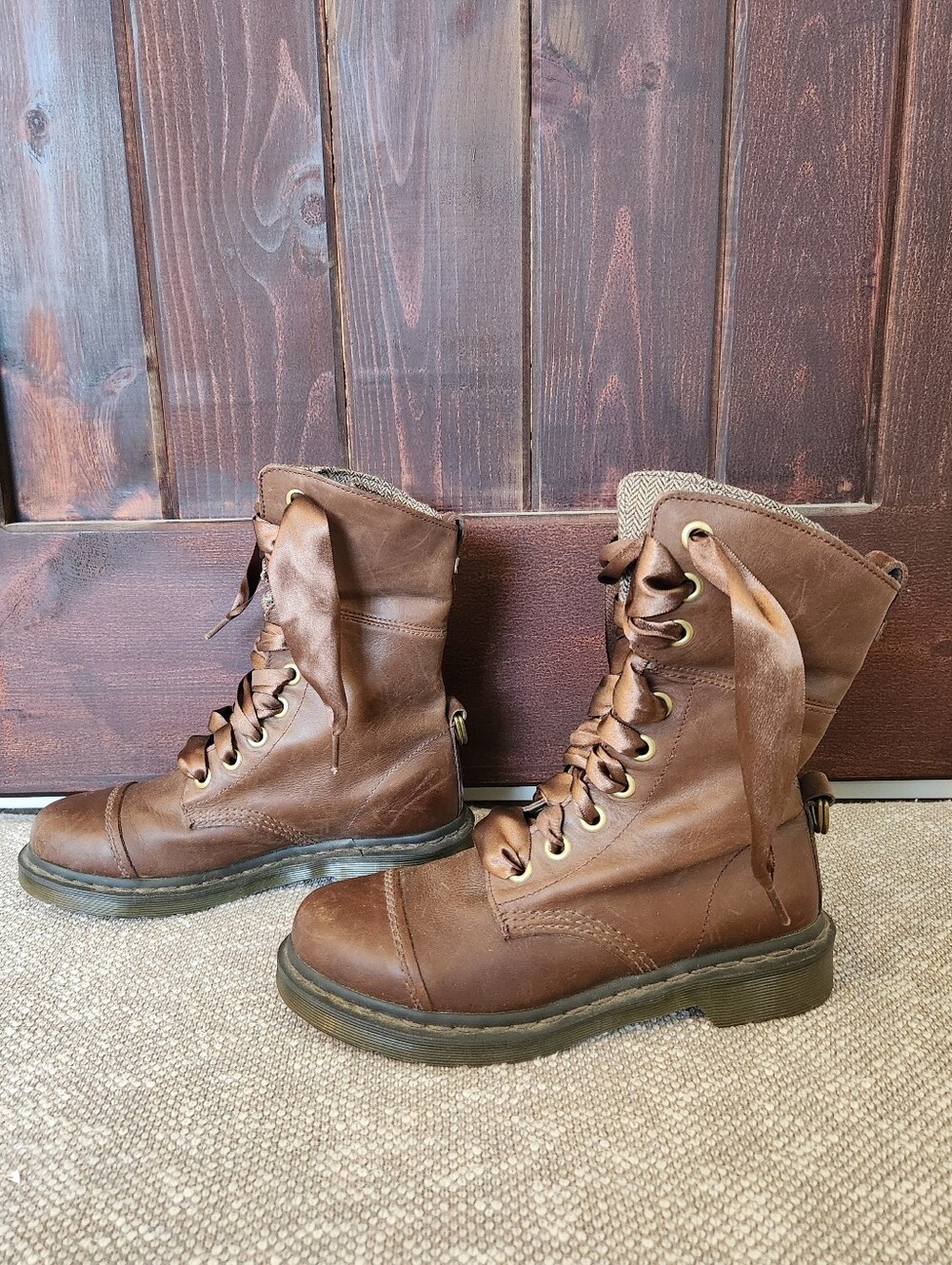 Dr Martens Aimilita W Sz 8 Brown Leather Fold Down Herringbone Tweed Lined Boots - Picture 2 of 7